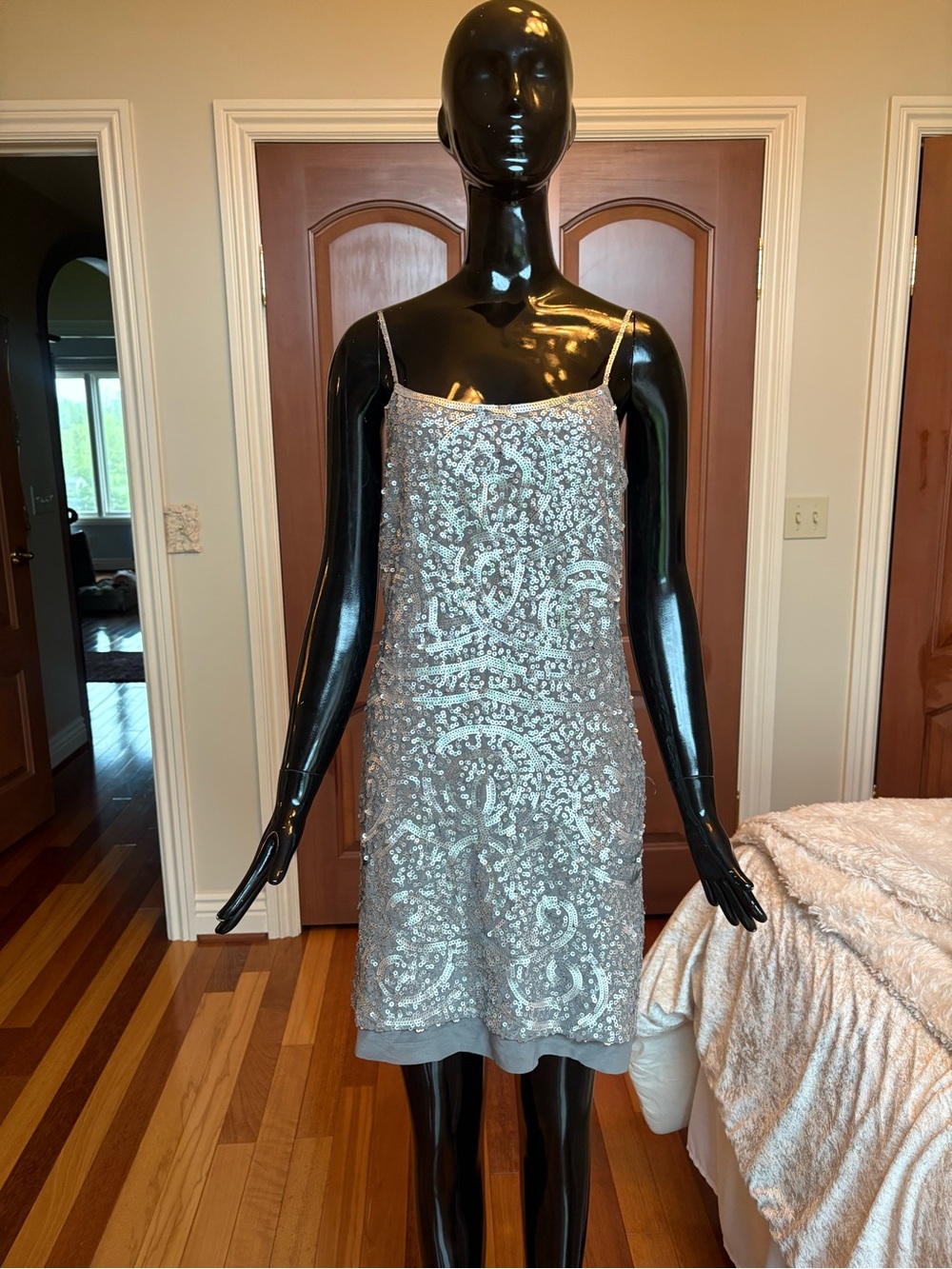 BCBGMaxazria Silver Sequin Slip Dress